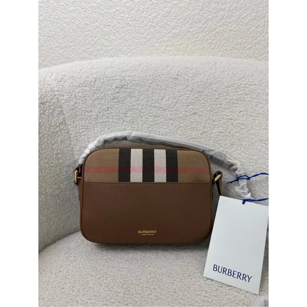 Burberry Brown Leather camera Bag with Signature Check